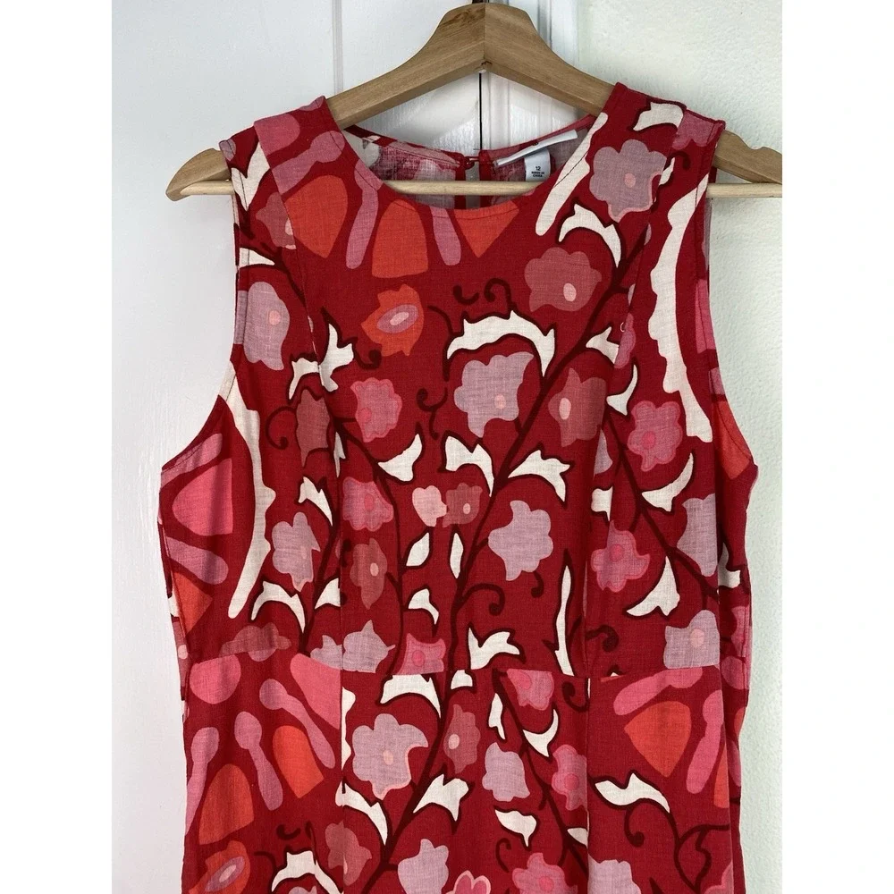 Rhode Womens 12 Red Pink White Floral Sleeveless Linen Blend Ruffle Sheath Dress
